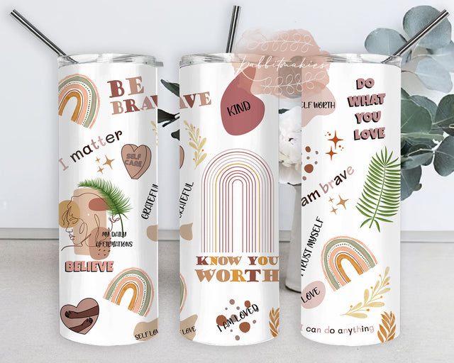 Daily Affirmations 20oz Skinny Tumbler Sublimation Design Templates, Inspirational Motivational Tumbler Straight PNG Digital Download Boho Sublimation Rabbitmakies 