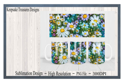 Daisies and Wildflowers, 11oz mug Wrap and Coaster Template, PNG Sublimation Design, Digital Download, PNG Printable Sublimation Keepsake Treasures Designs LLC. 