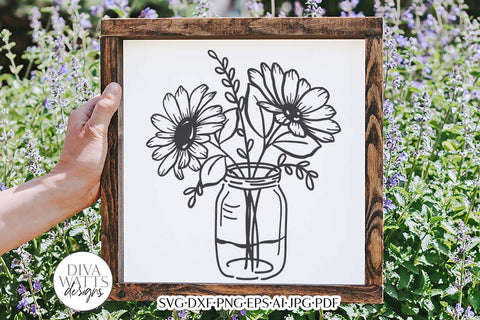 Daisies In Mason Jar Arrangement SVG | Boho Farmhouse Line Art Design SVG Diva Watts Designs 