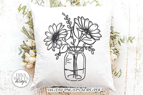 Daisies In Mason Jar Arrangement SVG | Boho Farmhouse Line Art Design SVG Diva Watts Designs 