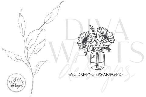 Daisies In Mason Jar Arrangement SVG | Boho Farmhouse Line Art Design SVG Diva Watts Designs 