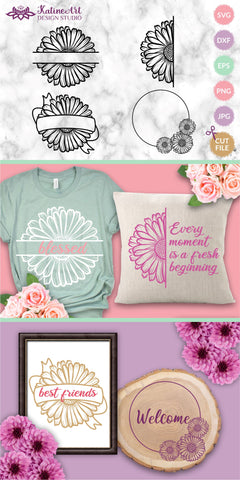 Daisy bundle floral monogram fames and borders, flower ribbon, flowers wreath, svg cut file SVG KatineArt 
