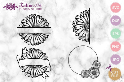 Daisy bundle floral monogram fames and borders, flower ribbon, flowers wreath, svg cut file SVG KatineArt 