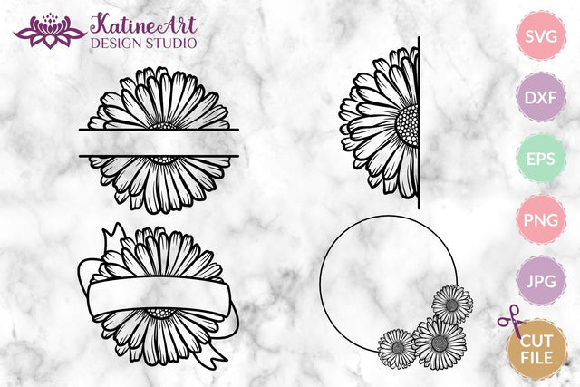 Daisy bundle floral monogram fames and borders, flower ribbon, flowers wreath, svg cut file SVG KatineArt 