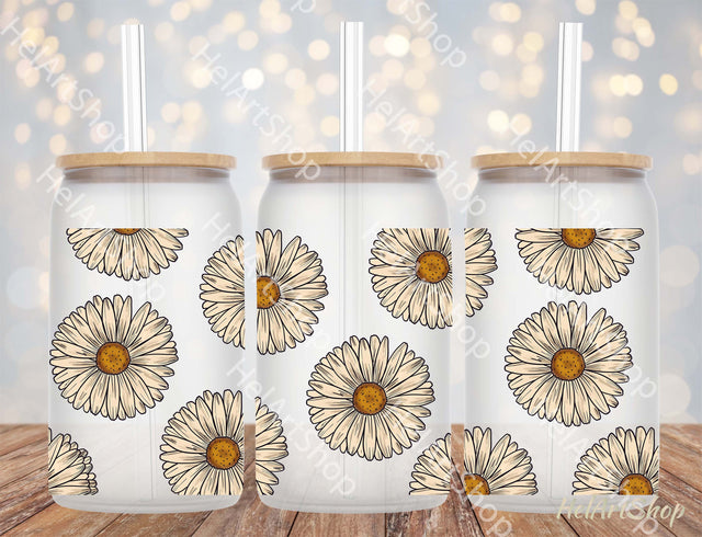 Daisy Can Glass Wrap | Rustic 16oz Libbey Glass PNG Sublimation _HelArtShop_ 