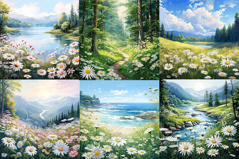 Daisy Digital Backgrounds, 6 Floral Digital Papers Sublimation BijouBay 