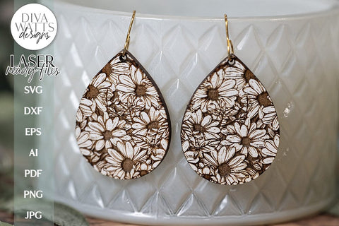 Daisy Earrings SVG | Tear Drop Laser Earrings | Flowers Dangle Earrings SVG Diva Watts Designs 