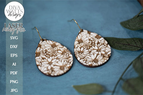 Daisy Earrings SVG | Tear Drop Laser Earrings | Flowers Dangle Earrings SVG Diva Watts Designs 