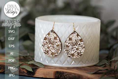 Daisy Earrings SVG | Tear Drop Laser Earrings | Flowers Dangle Earrings SVG Diva Watts Designs 