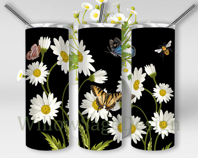 Daisy Flower Design Tumbler Png, Daisy Butterfly 20oz Skinny Tumbler, Flower Sublimation Design, Instant Download Sublimation WillowSageDesign 
