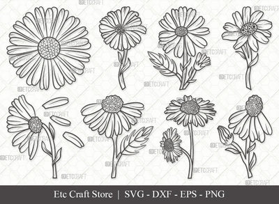 Daisy Flower Outline SVG Cut Files | Daisy Flower Clipart Bundle | Daisy Flower Outline | Vector Cutting files | Floral SVG | Eps | Dxf | Png | SVG ETC Craft 
