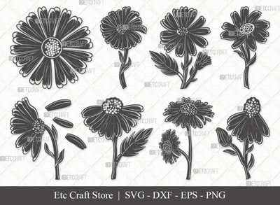 Daisy Flower Silhouette SVG Cut Files | Daisy Flower Clipart Bundle | Daisy Flower Outline | Vector Cutting files | Floral SVG | Eps | Dxf | Png | SVG ETC Craft 