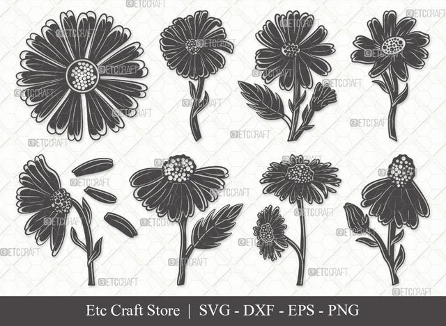 Daisy Flower Silhouette SVG Cut Files | Daisy Flower Clipart Bundle | Daisy Flower Outline | Vector Cutting files | Floral SVG | Eps | Dxf | Png | SVG ETC Craft 
