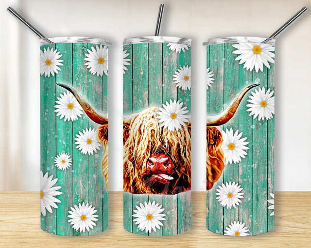 Daisy Heifer Highland Cow 20 oz Skinny Tumbler, Floral Highland Cow Tumbler Design Sublimation Sublimation BouDesign 