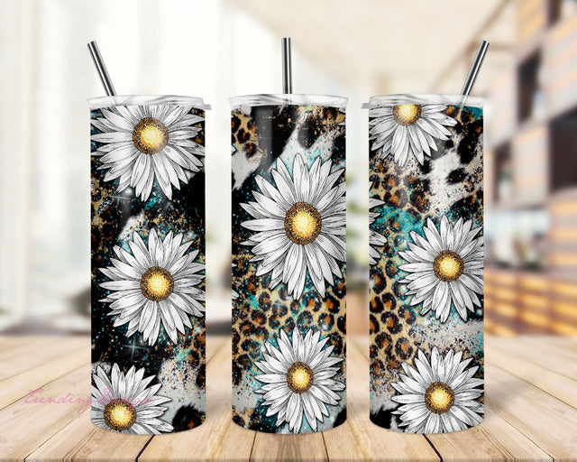 Daisy Leopard Tumbler PNG, 20oz Skinny Tumbler PNG, Sublimation Design Download, Coffee Tumbler Sublimation TrendingDesign 