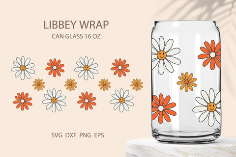 Daisy libbey can glass, chamomile libbey wrap SVG KMarinaDesign 