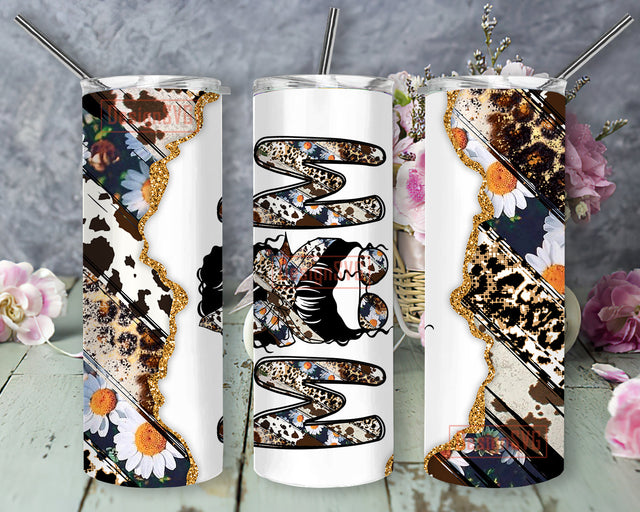 Daisy Mom Tumbler Wrap, Messy Bun Mom 20oz Skinny Tumbler, Leopard Cowhide Glitter Sublimation Png, Mother's Day Tumbler Pmg, Mom Sublimation Design, Digital Download Sublimation DesignSVG 