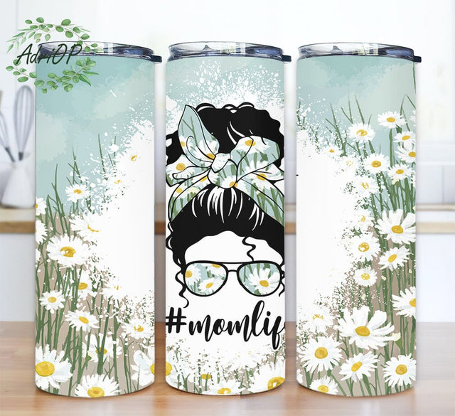 Daisy MomLife 20oz Skinny Tumbler Png, Flower Tumbler, Daisy Png, Floral Tumbler, Messy Bun Tumbler, Mothers Day Tumbler Sublimation AdriOP 