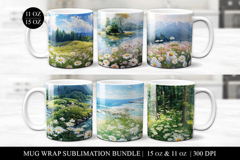 Daisy Mug Sublimation Bundle - 6 Floral Mug Wrap PNG Files Sublimation BijouBay 