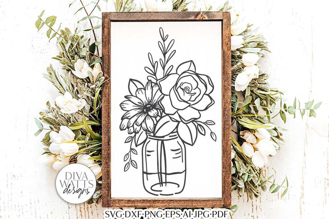 Daisy & Rose Mason Jar Arrangement SVG | Boho Farmhouse SVG Diva Watts Designs 