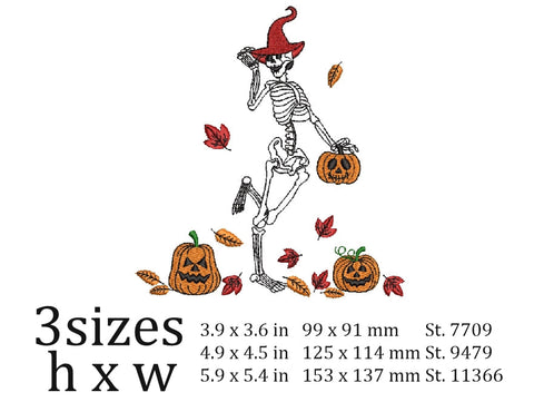 Dance of the Skeleton embroidery design, Skeleton with pumpkin design, Halloween embroidery design, 3 sizes, instant download. Embroidery/Applique DESIGNS ArtEMByNatalia 