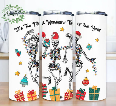 Dancing Christmas Skeletons 20oz Skinny Tumbler Png, Funny Christmas Png, Wonderful Time Design, Christmas Sublimation, Christmas Season Png, Merry Christmas Png Sublimation AdriOP 