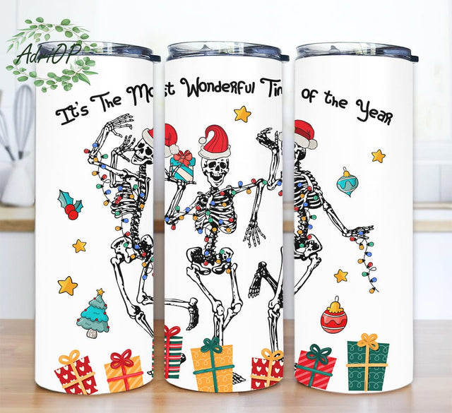 Dancing Christmas Skeletons 20oz Skinny Tumbler Png, Funny Christmas Png, Wonderful Time Design, Christmas Sublimation, Christmas Season Png, Merry Christmas Png Sublimation AdriOP 