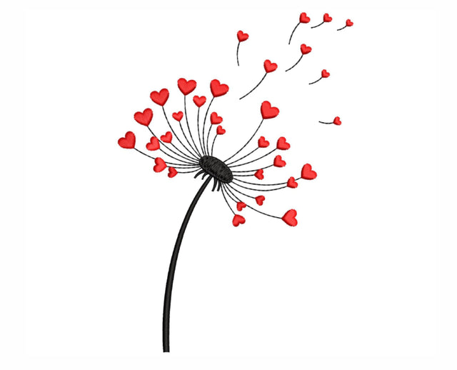 Dandelion with red hearts embroidery design, 4 sizes, Instant download Embroidery/Applique DESIGNS Nino Nadaraia 