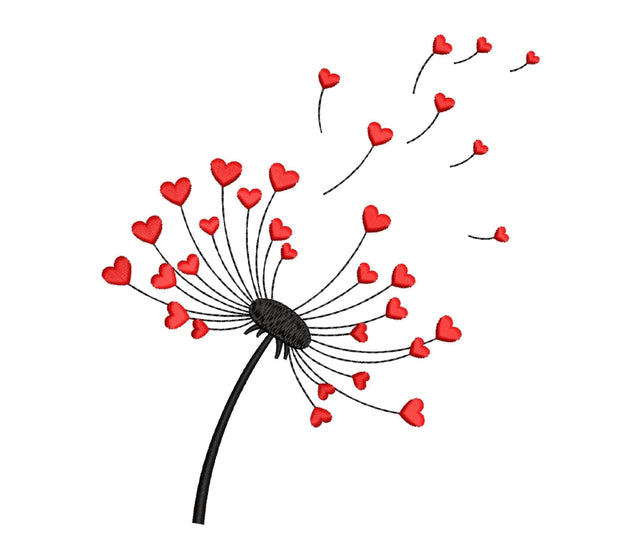 Dandelion with Red Hearts Embroidery Design, Valentine's Day Embroidery File, 5 sizes, Instant Download Embroidery/Applique DESIGNS Nino Nadaraia 