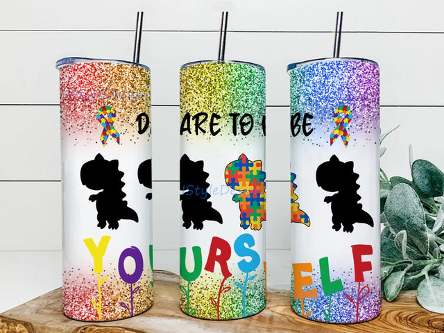 Dare To Be Yourself Tumbler Png, Autism Awareness 20oz Skinny Tumbler, Dinosaur Puzzle Design Png, Rainbow Glitter Tumbler Wrap, Instant Download Sublimation iStyleDesign 