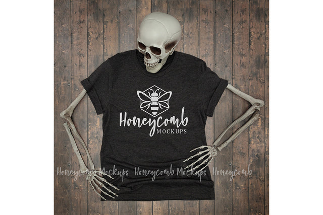 Dark Grey Heather Bella Canvas 3001 Mockup, Halloween Mockup, Women's Grey T-Shirt Mockup, Skeleton Mockup Mock Up Photo Honeycomb Mockups 