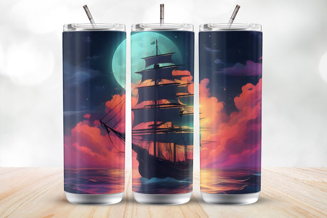 Dark Night Sailing Ship 20 Oz Tumbler Wrap Sublimation MockupSvgVenue 