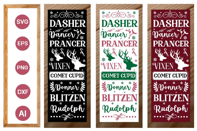 Dasher Dancer Prancer Vixen Comet Cupid Donner Blitzen Rudolph Porch Sign SVG Cute File SVGs,Quotes and Sayings,Food & Drink,On Sale, Print & Cut SVG DesignPlante 503 