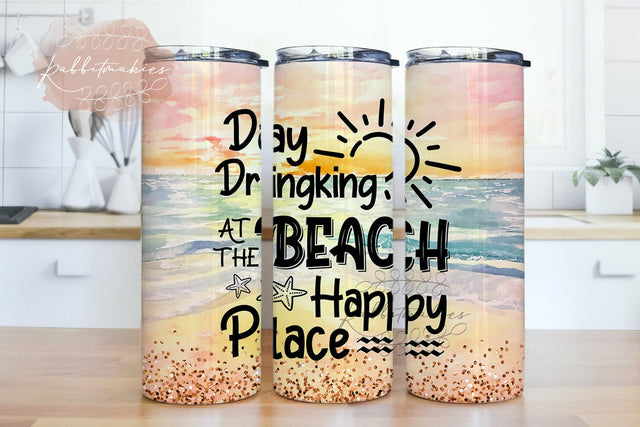 Day Drinking At The Beach Is My Happy Place 20oz Skinny Tumbler Template, Beach Tumbler Png Sublimation Rabbitmakies 