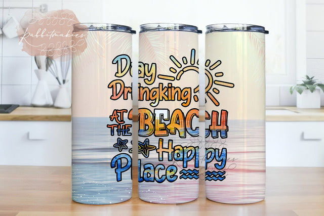 Day Drinking At The Beach Is My Happy Place 20oz Skinny Tumbler Template, Beach Tumbler Png Sublimation Rabbitmakies 