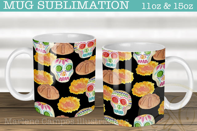 Day of the Dead Mug Sublimation / 11oz and 15oz/ Black BG Sublimation Marlene Campos 