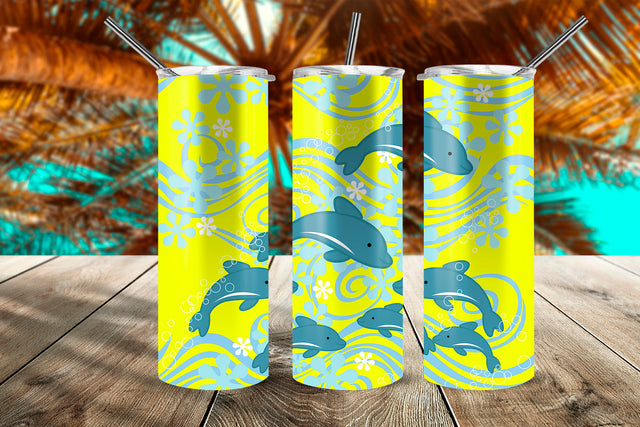 DDolphins At The Bottom Of The Sea 20 oz Skinny Tumbler Wrap Design Fluorescent Yellow Sublimation Sublimatiz Designs 