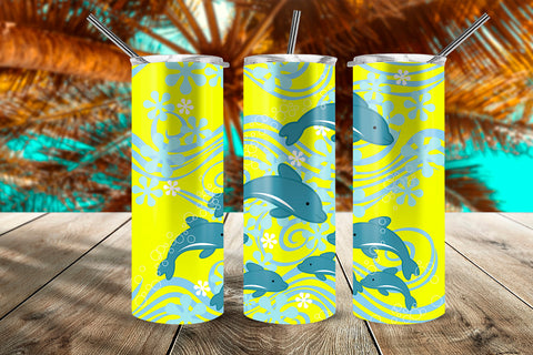 DDolphins At The Bottom Of The Sea 20 oz Skinny Tumbler Wrap Design Fluorescent Yellow Sublimation Sublimatiz Designs 