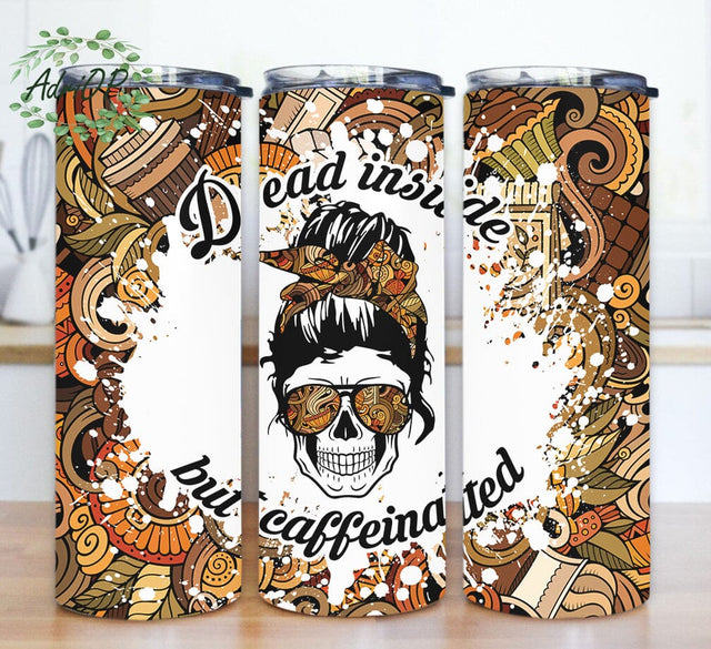 Dead Inside But Caffeinated Design Png, Messy Bun Skull 20oz Skinny Tumbler, Coffee Tumbler Wrap, Caffeinated Tumbler Design, Instant Download Sublimation AdriOP 