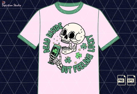 Dead Inside But Feeling Lucky Skeleton Drink Shirt PNG, St. Patrick’s Skull Drink Shirt PNG Sublimation Depiction Studio 
