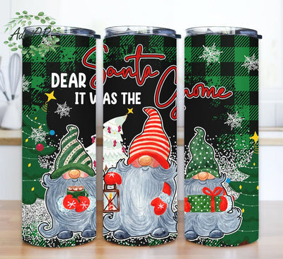 Dear Santa It Was The Gnome 20oz Skinny Tumbler Png, Halloween Tumbler Png, Gnome Tumbler, Glitter Xmas Tumbler Design, Green Plaid Gnomie Tumbler Sublimation AdriOP 