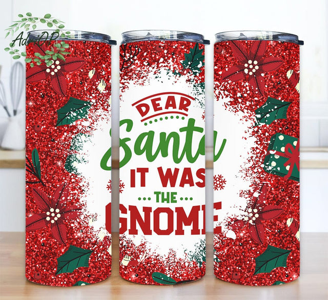Dear Santa It Was The Gnome 20oz Skinny Tumbler Png, Red Glitter Tumbler, Christmas Tumbler, Glitter Xmas Tumbler Design, Red Plaid Gnome Tumbler Sublimation AdriOP 