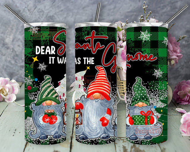 Dear Santa It Was The Gnome Tumbler Template, Christmas Gnome 20oz Skinny Tumbler, Green Buffalo Plaid Tumbler Wrap, Christmas Sublimation Design, Instant Download Sublimation DesignSVG 
