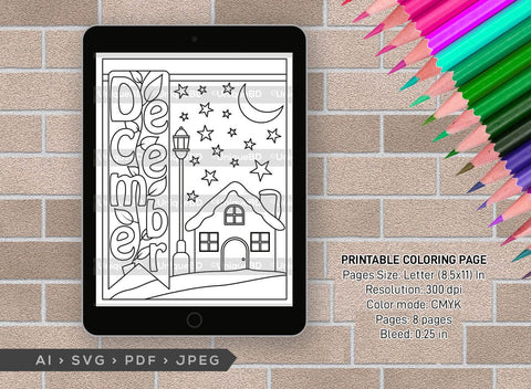 December Month Printable Coloring Page Bundle, PDF Colouring Book, Instant Download, CBP00022 SVG ETC Craft 