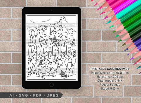 December Month Printable Coloring Page Bundle, PDF Colouring Book, Instant Download, CBP00022 SVG ETC Craft 