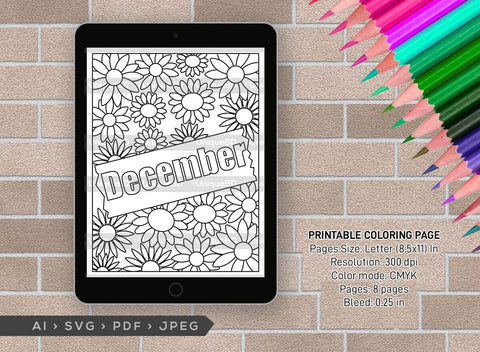 December Month Printable Coloring Page Bundle, PDF Colouring Book, Instant Download, CBP00022 SVG ETC Craft 