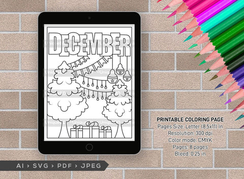 December Month Printable Coloring Page Bundle, PDF Colouring Book, Instant Download, CBP00022 SVG ETC Craft 