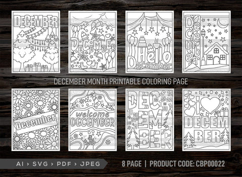 December Month Printable Coloring Page Bundle, PDF Colouring Book, Instant Download, CBP00022 SVG ETC Craft 