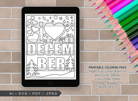 December Month Printable Coloring Page Bundle, PDF Colouring Book, Instant Download, CBP00022 SVG ETC Craft 