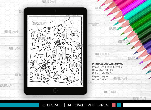 December Month Printable Coloring Page Cut File, PDF Colouring Book, Instant Download, CBP00022 SVG ETC Craft 